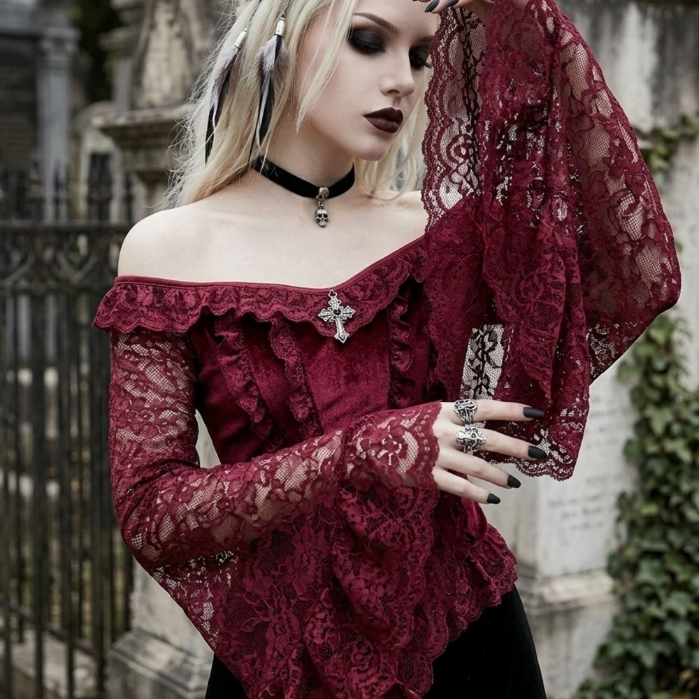 Burgundy Lace Off-Shoulder Blouse
